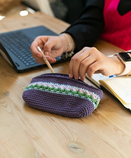 Purple Crochet Pencil Case with Colorful Floral Patterns