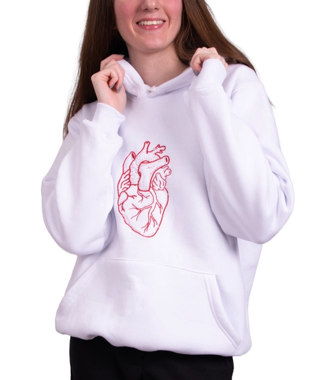 White Hoodie with Red Heart Hand Embroidery