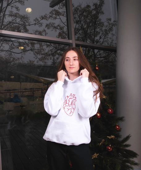 White Hoodie with Red Heart Hand Embroidery