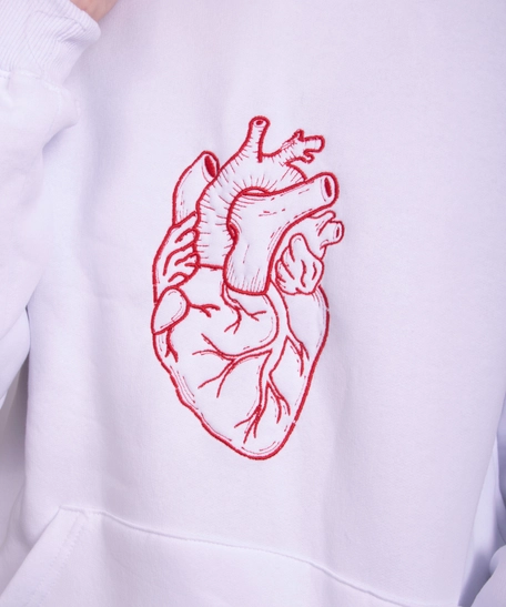 White Hoodie with Red Heart Hand Embroidery