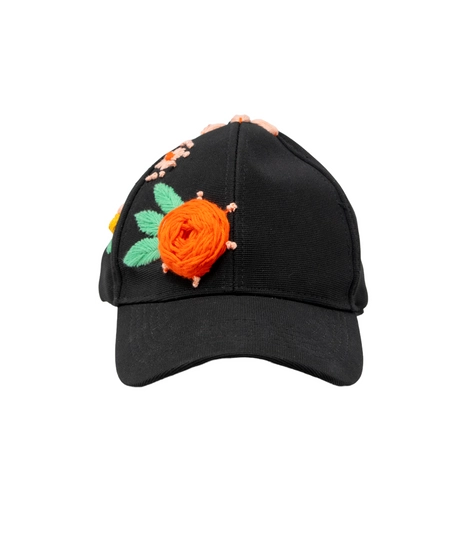 Hand-Embroidered Black Baseball Cap - Colorful Flowers