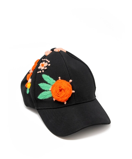 Hand-Embroidered Black Baseball Cap - Colorful Flowers