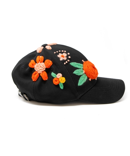 Hand-Embroidered Black Baseball Cap - Colorful Flowers