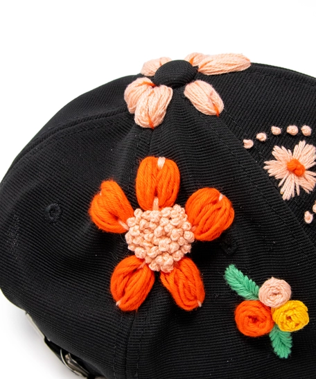 Hand-Embroidered Black Baseball Cap - Colorful Flowers