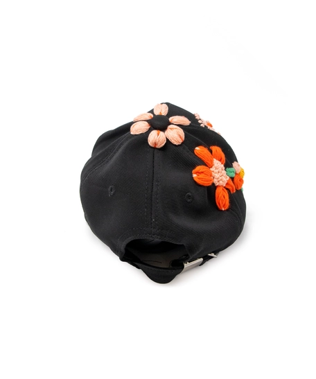 Hand-Embroidered Black Baseball Cap - Colorful Flowers