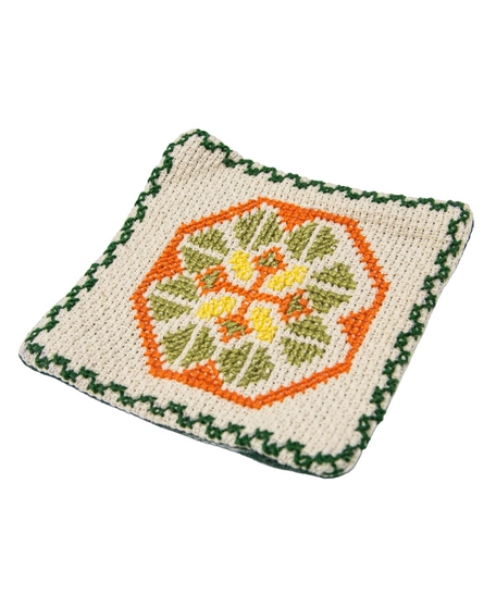 Fabric Coaster with Colorful Hand Embroidery - Green and Orange