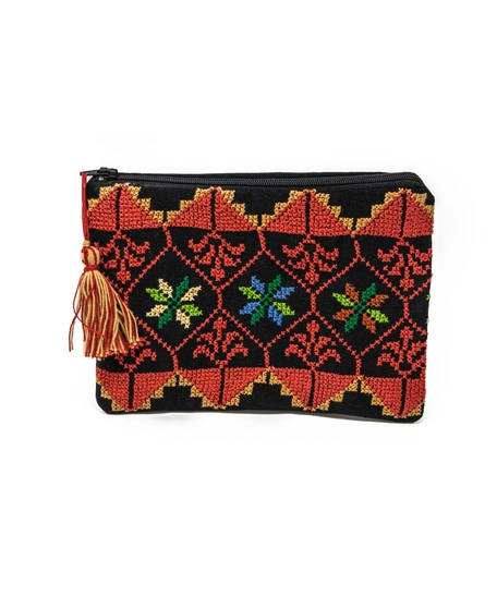 Black Fabric Pouch with Colorful Hand Embroidery