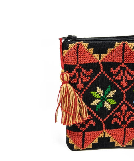 Black Fabric Pouch with Colorful Hand Embroidery