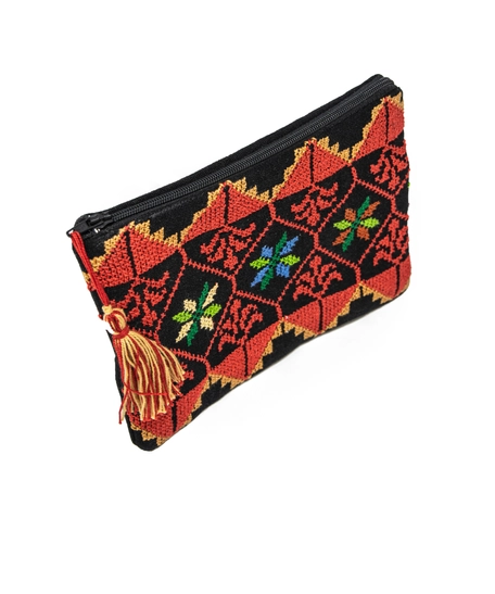 Black Fabric Pouch with Colorful Hand Embroidery