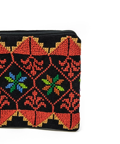 Black Fabric Pouch with Colorful Hand Embroidery