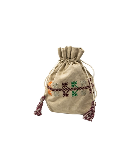 Beige wallet embroidered with brown, white, green and orange threads