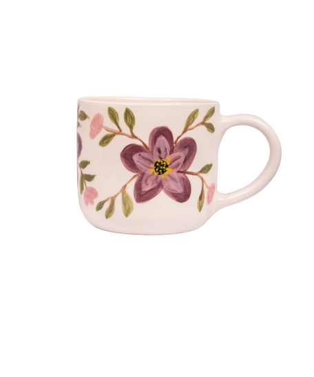 Handmade Clay Mug with Floral Paintings - Pink