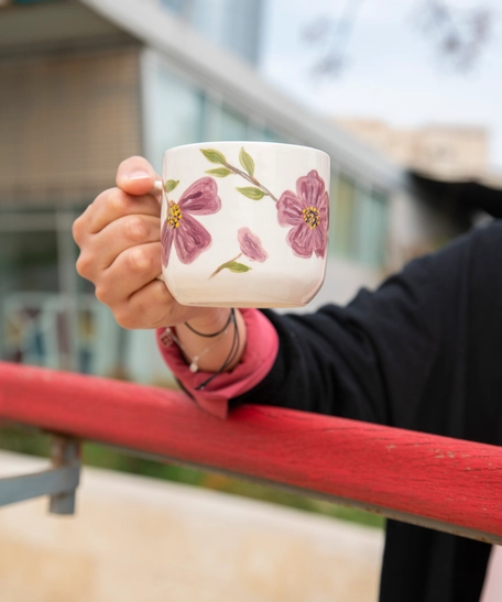 Handmade Clay Mug with Floral Paintings - Pink