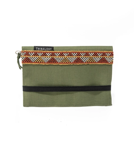 Unisex Wallet and Passport Cover with Hand Embroideries - Olive Green