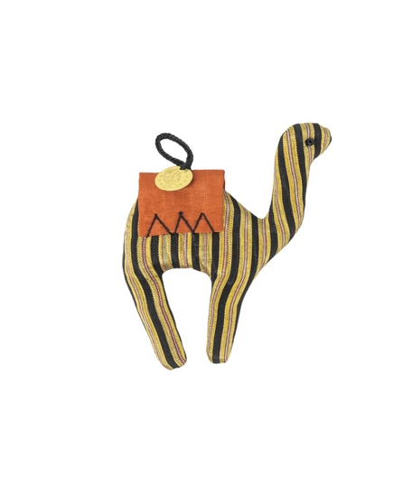 Decorative Stuffed Camel Made of Yellow Fabric with Bedouin Motifs - Red Saddle