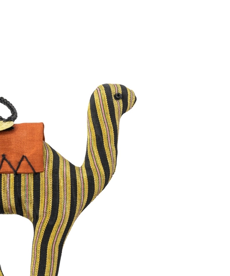 Decorative Stuffed Camel Made of Yellow Fabric with Bedouin Motifs - Red Saddle