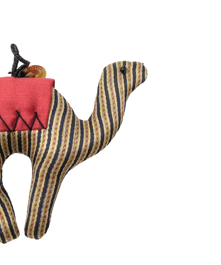 Decorative Stuffed Camel Made of Yellow Fabric with Bedouin Motifs - Red Saddle