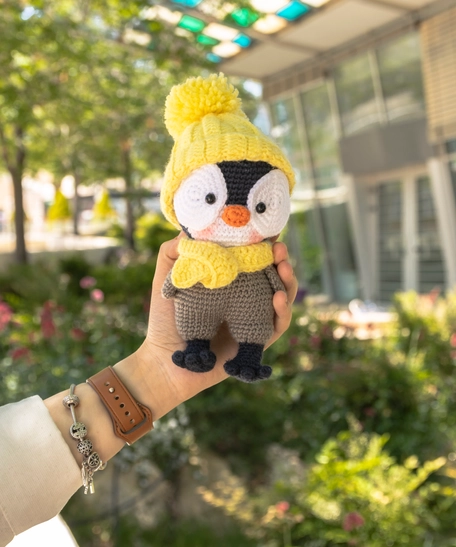 Handmade Amigurumi Crochet Penguin with Yellow Hat & Scarf