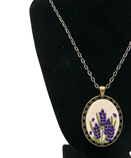 Handmade Fimo Clay Necklace with Lavender Design 