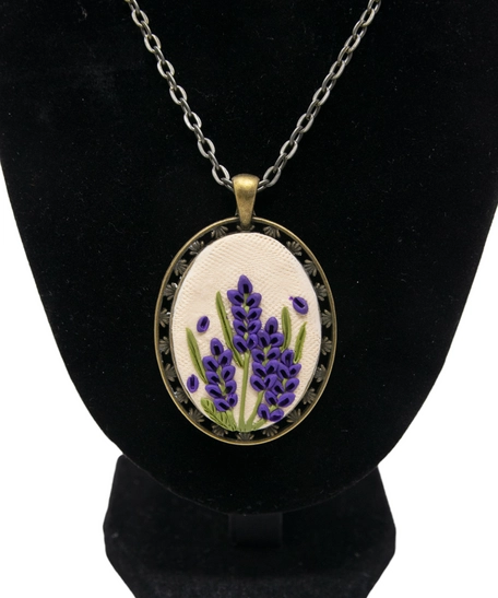 Handmade Fimo Clay Necklace with Lavender Design 