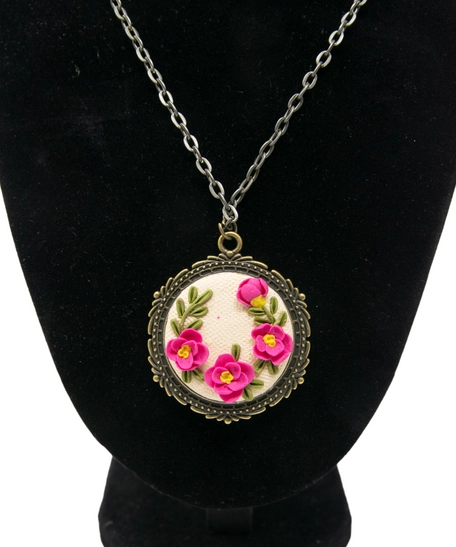 Handmade Fimo Clay Necklace with Fuschia Floral Design 