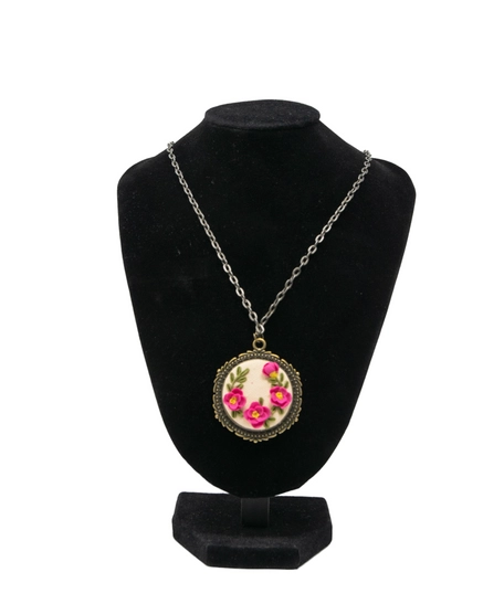 Handmade Fimo Clay Necklace with Fuschia Floral Design 