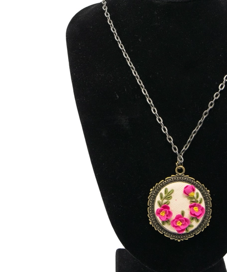 Handmade Fimo Clay Necklace with Fuschia Floral Design 