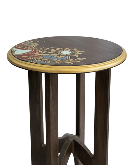 Luxurious Brown Wooden Side Table Decorated with Wonderful Graphics and Beautiful Colors