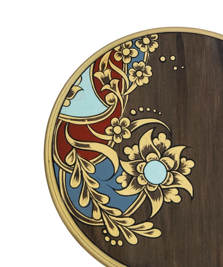 Luxurious Brown Wooden Side Table Decorated with Wonderful Graphics and Beautiful Colors