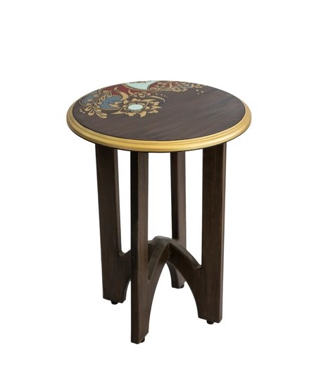 Luxurious Brown Wooden Side Table Decorated with Wonderful Graphics and Beautiful Colors