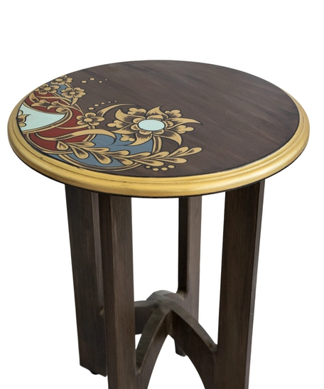 Luxurious Brown Wooden Side Table Decorated with Wonderful Graphics and Beautiful Colors