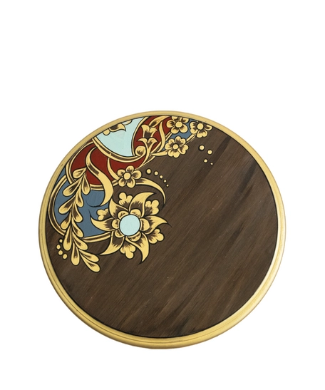 Luxurious Brown Wooden Side Table Decorated with Wonderful Graphics and Beautiful Colors