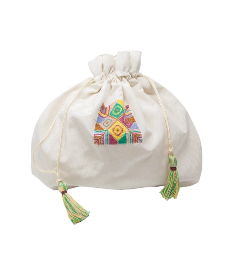 Handmade White Fabric Purse Adorned with Colorful Peasant Embroideries