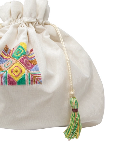 Handmade White Fabric Purse Adorned with Colorful Peasant Embroideries