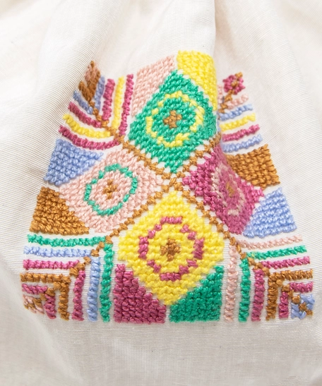 Handmade White Fabric Purse Adorned with Colorful Peasant Embroideries