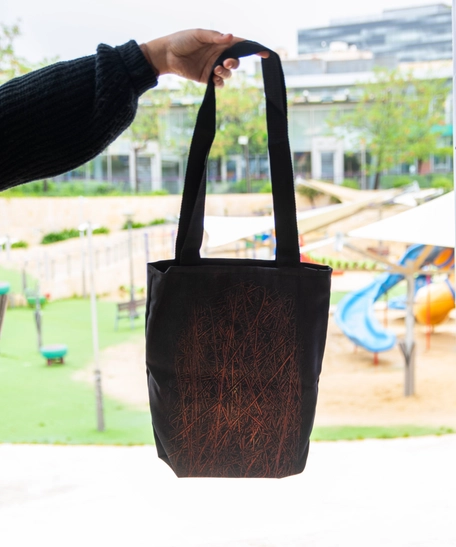 Handmade Black Tote Bag with Fire-Inspired Design