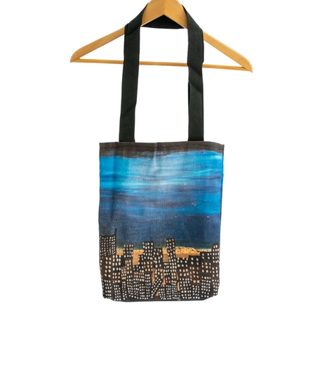 Handmade Tote Bag with Colorful Design in Water Colors - City View