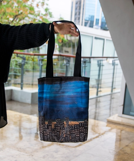 Handmade Tote Bag with Colorful Design in Water Colors - City View