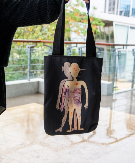 Handmade Black Tote Bag with Expressive Art Design