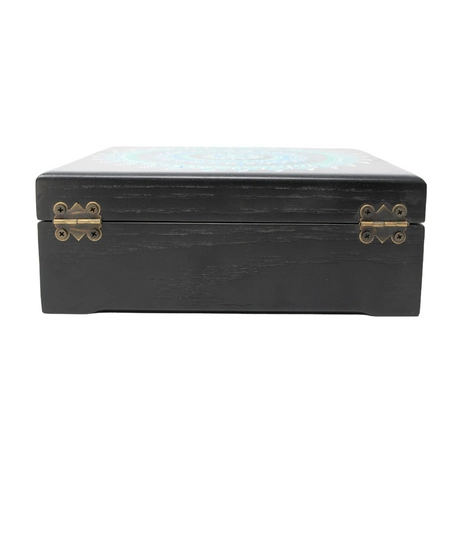 Black Wooden Box Adorned with Turquoise Mandala Drawings