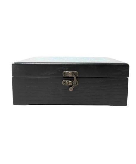 Black Wooden Box Adorned with Turquoise Mandala Drawings