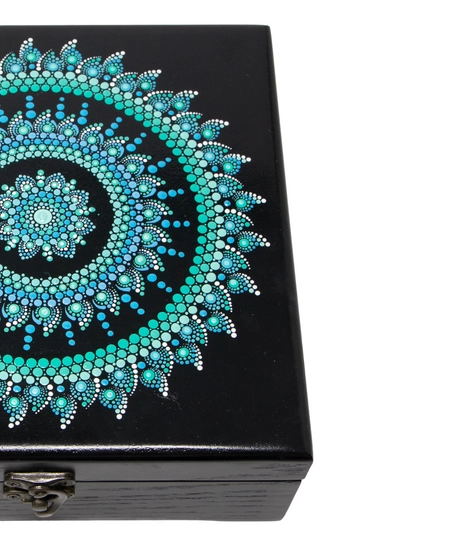 Black Wooden Box Adorned with Turquoise Mandala Drawings