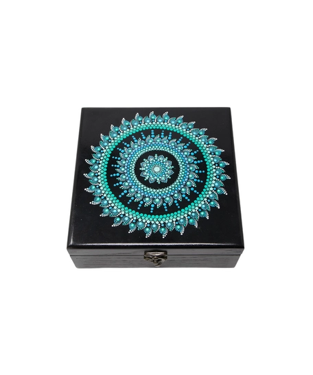 Black Wooden Box Adorned with Turquoise Mandala Drawings