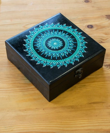 Black Wooden Box Adorned with Turquoise Mandala Drawings