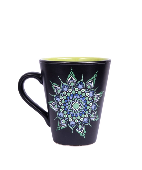 Black and Green Ceramic Mug Adorned with Mandala Art