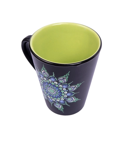 Black and Green Ceramic Mug Adorned with Mandala Art