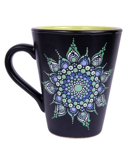 Black and Green Ceramic Mug Adorned with Mandala Art