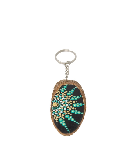 Wooden Keychain Adorned with Colorful Mandala Drawings - Green