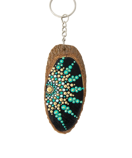 Wooden Keychain Adorned with Colorful Mandala Drawings - Green