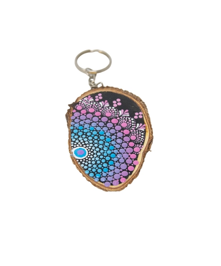 Wooden Keychain Adorned with Colorful Mandala Drawings - Green